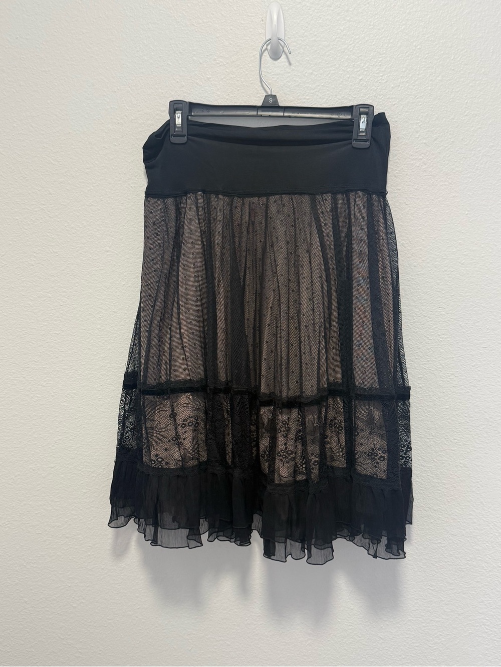 Black Nude Punk Sheer Lace Layered Midi Skirt Size Medium